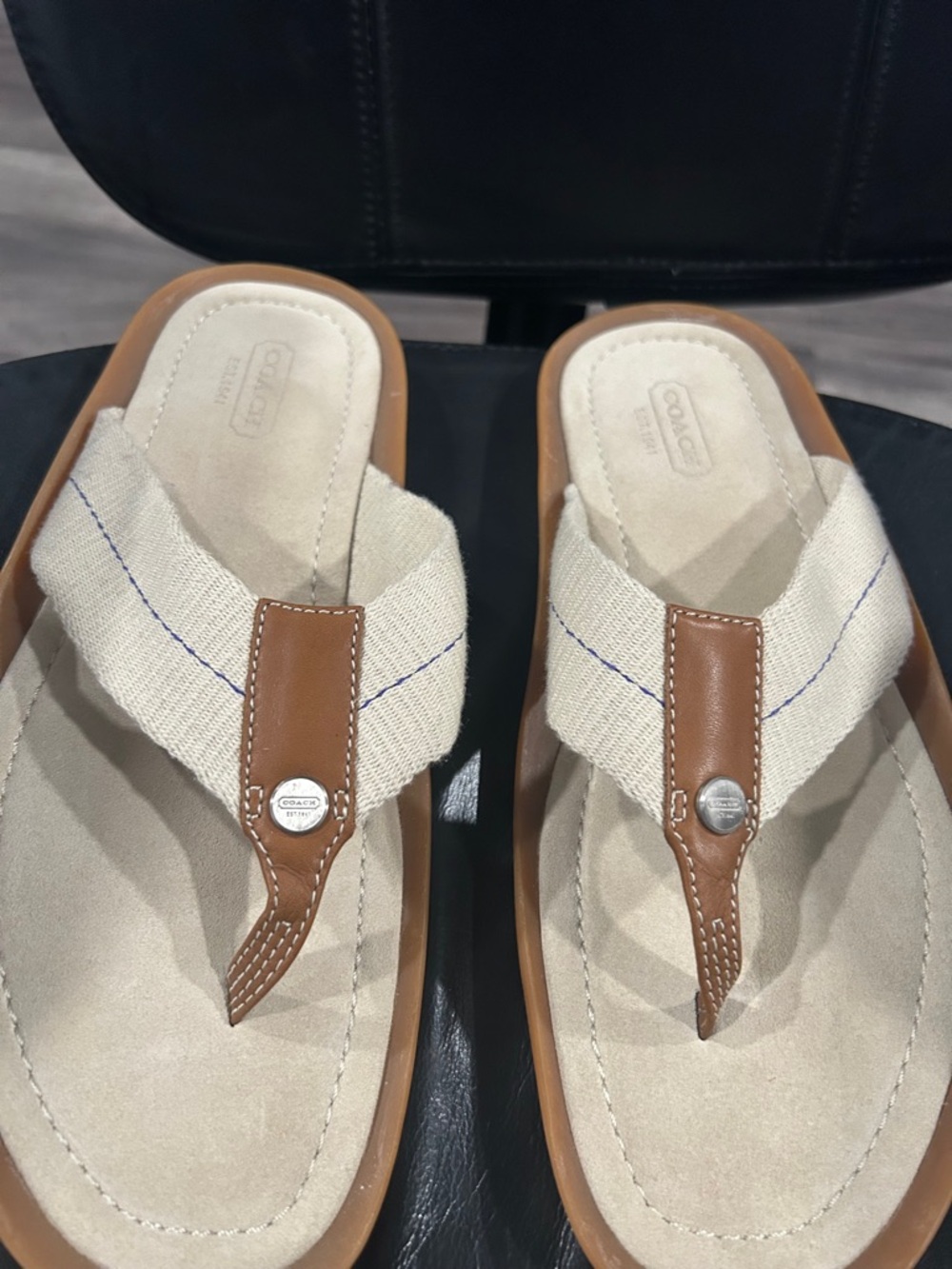 Coach Beige Canvas and Brown Leather Thong Sandals
